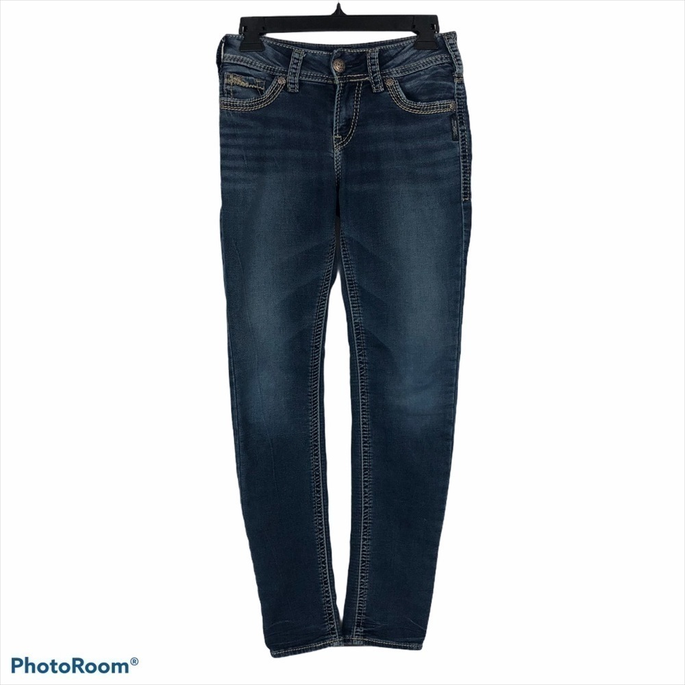 SILVER Women’s Blue Jeans Sz 1/2 SUKI Mid Flaws Older & Worn Pencil Skinny